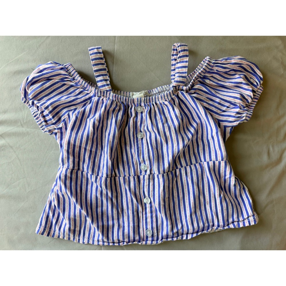 One Step Up Girls Blue Pink Striped Cold Shoulder‎ Puff Sleeve Peplum Top Size L